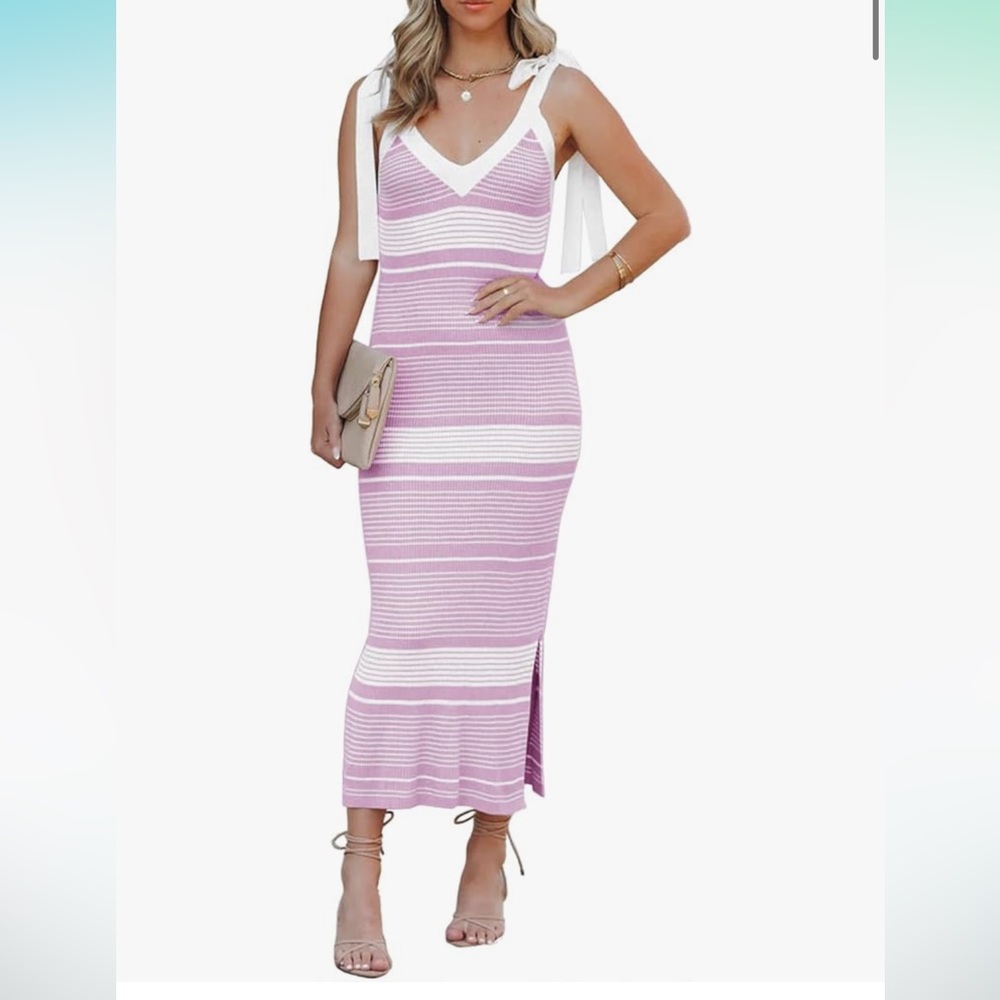 Womens Summer Midi Bodycon Sweater Dress V Neck Tie Shoulder Striped Knit Dress